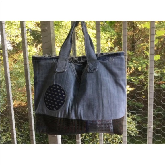 Upcycled Denim Jeans Distressed Hobo Rag Bag - Picture 3 of 8